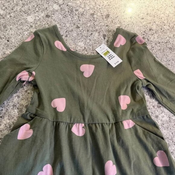 NWT Baby Gap Green Pink Hearts 100% Cotton Long Sleeve Scoop Neck Dress-Size 3T - Picture 6 of 10